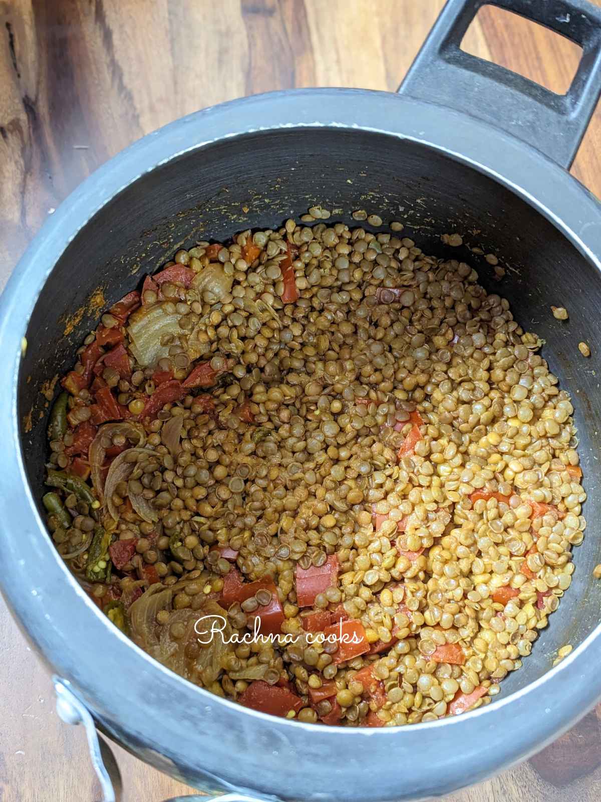 Brown lentils after cooking in pressure cooker.