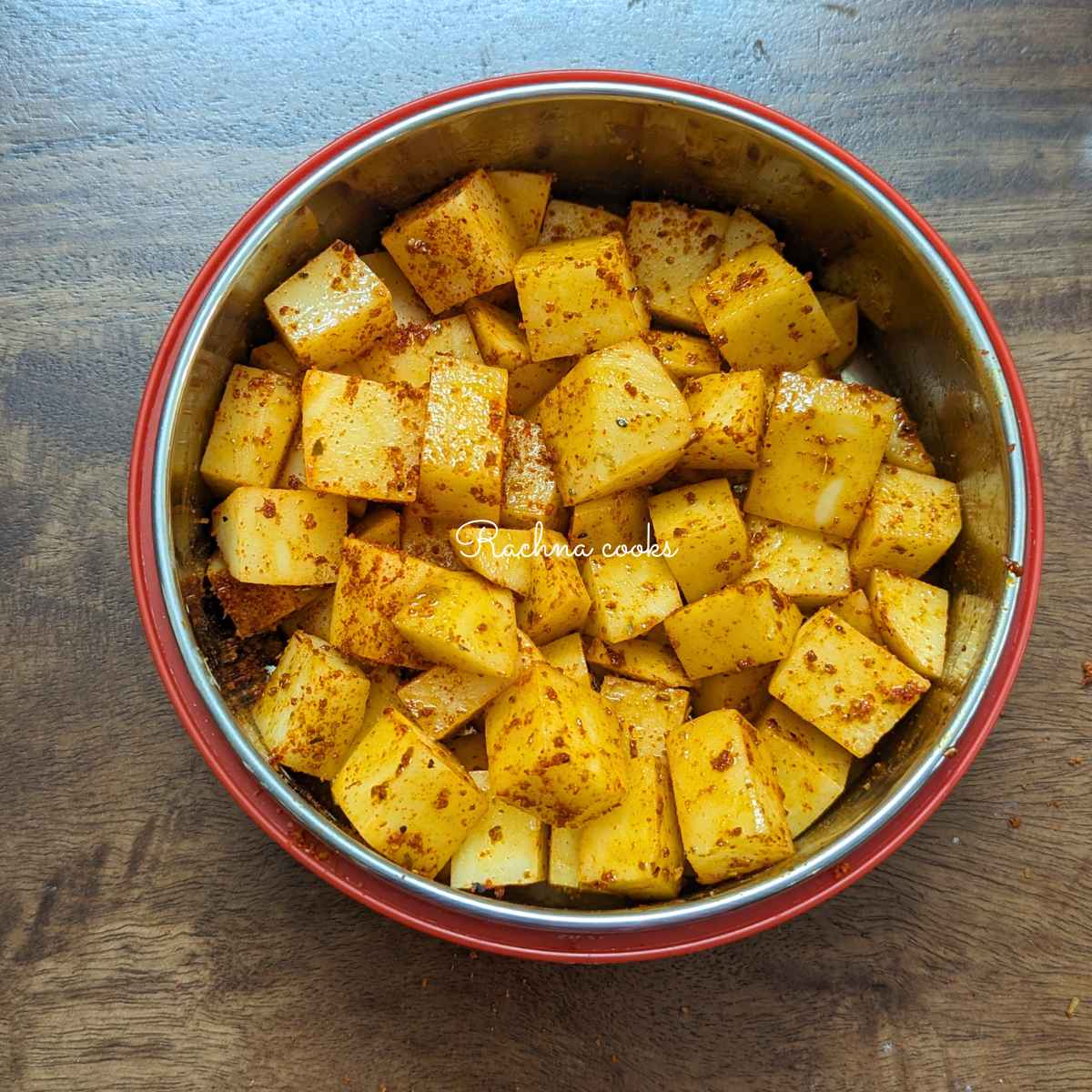 spiced potato cubes in a bowl
