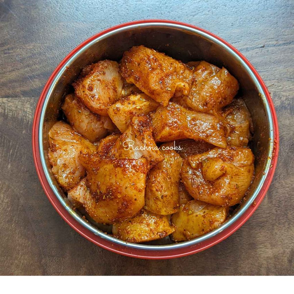 chicken cubes mixed with seasonings.