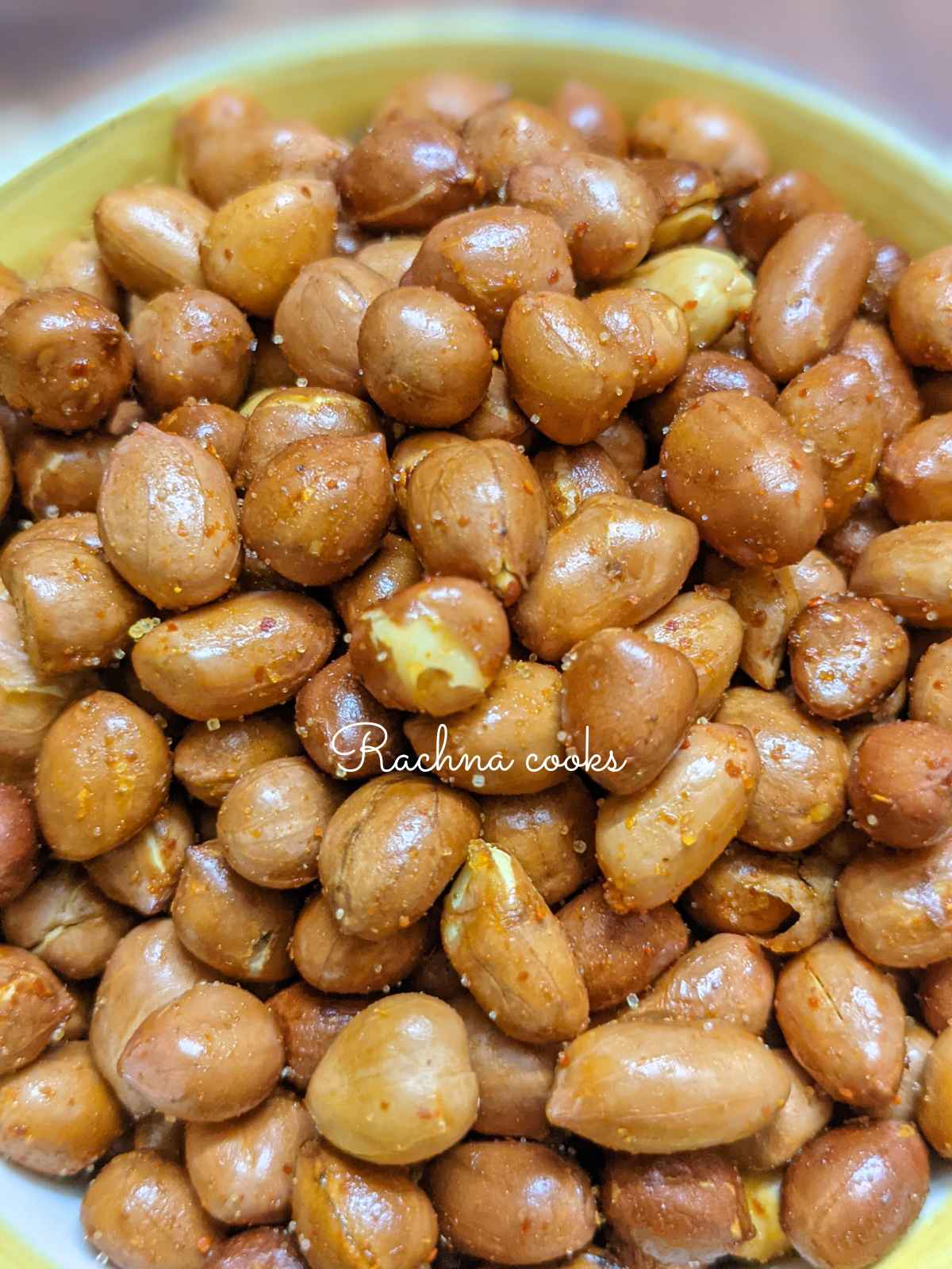 Close up of roasted air fried peanuts with spices.