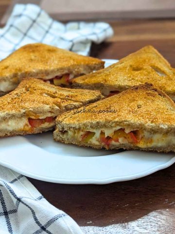 Air fryer tomato melt cheese sandwich halves served on a white plate.