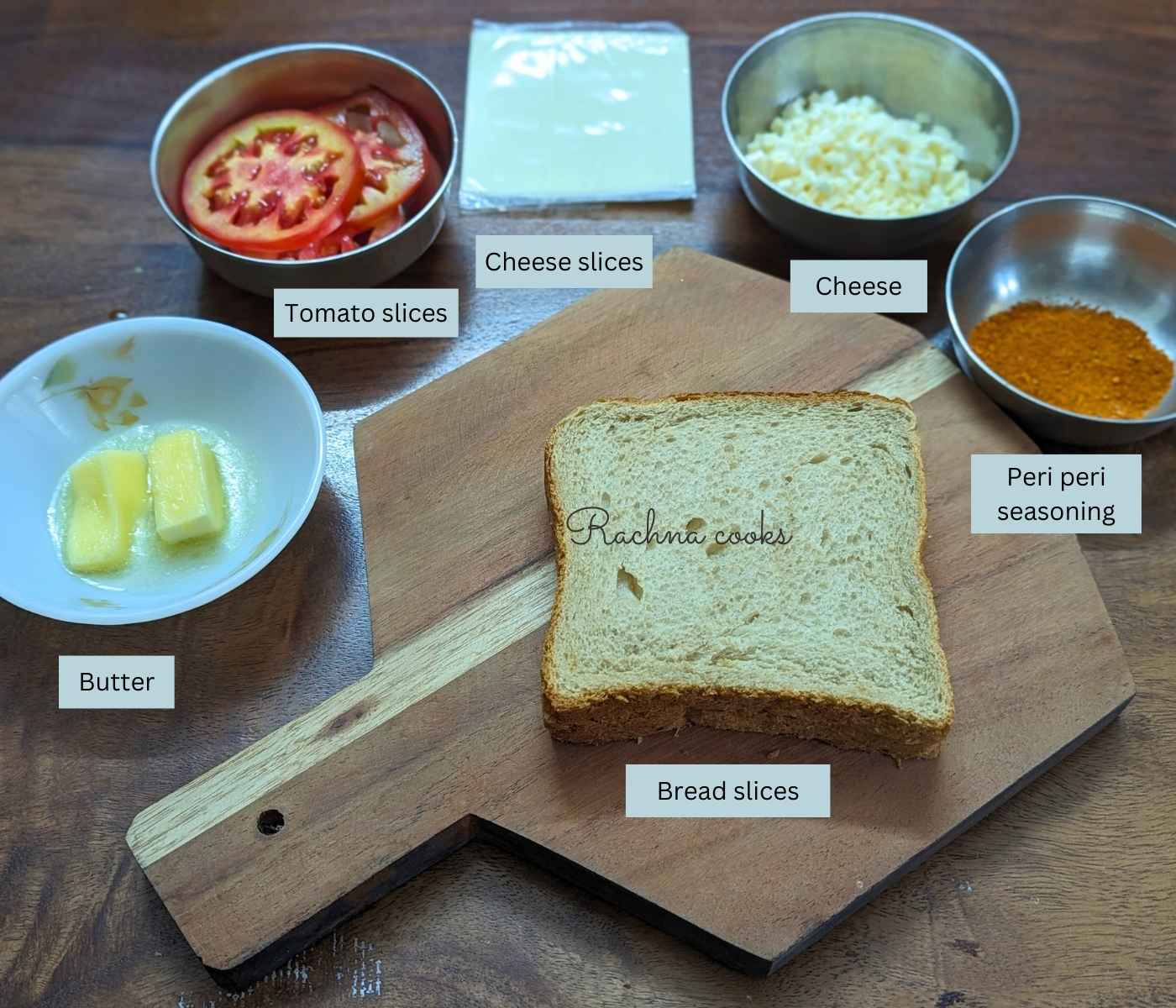 Ingredients for making tomato melt sandwich in air fryer.