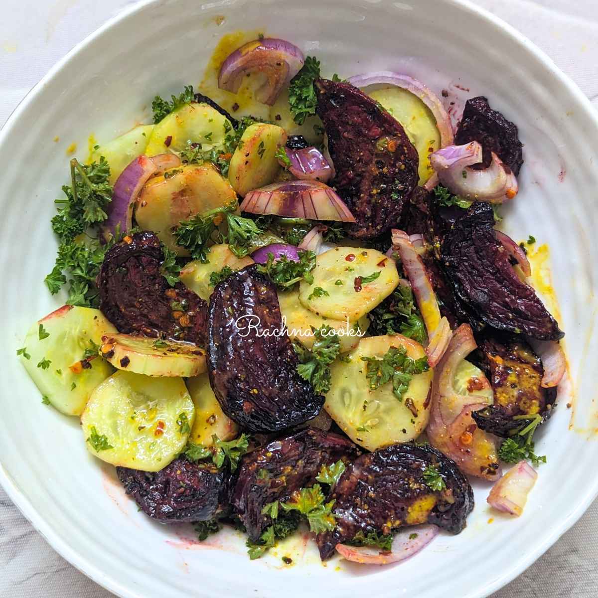 Cucumber and beet salad in a bowl