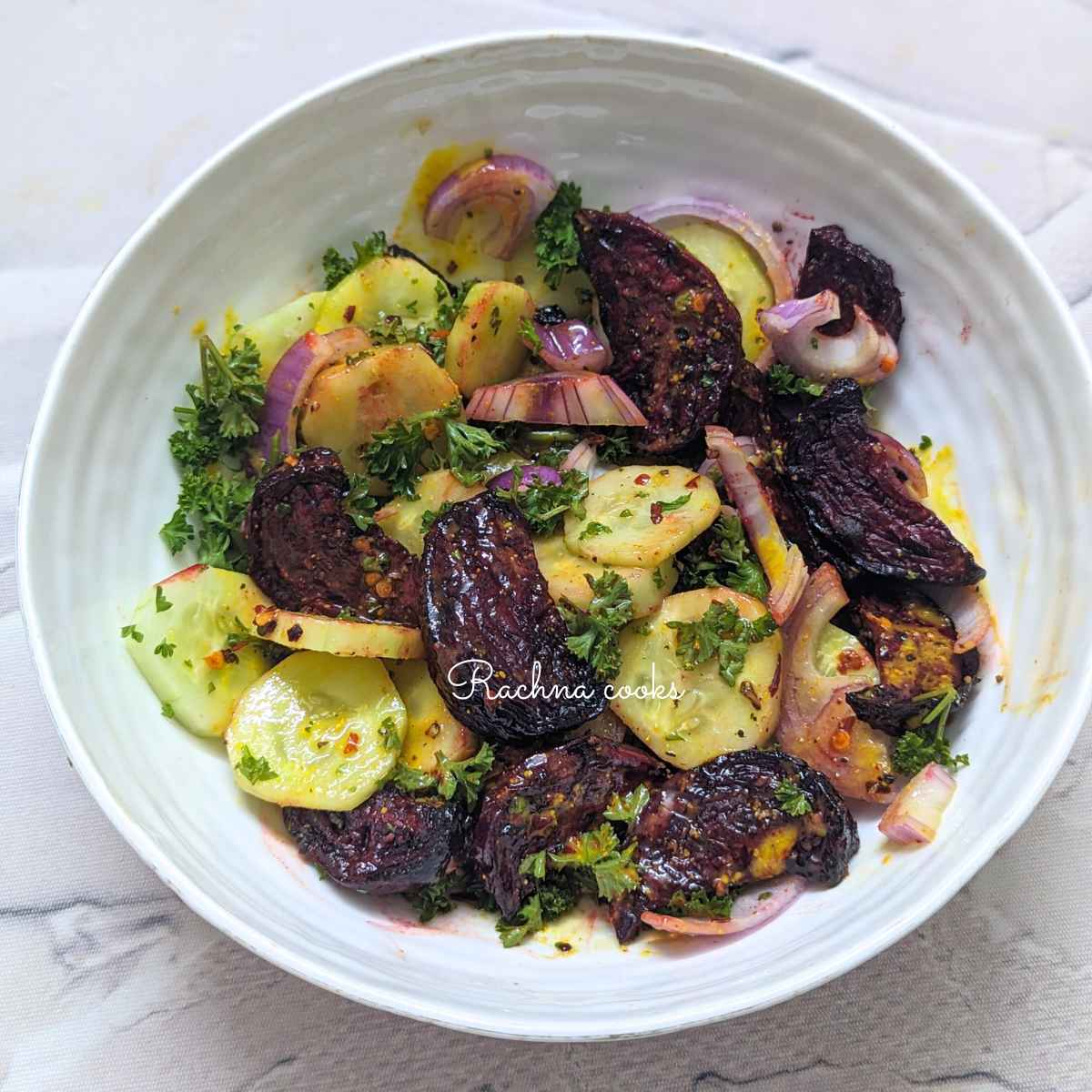Cucumber beet salad in a bowl