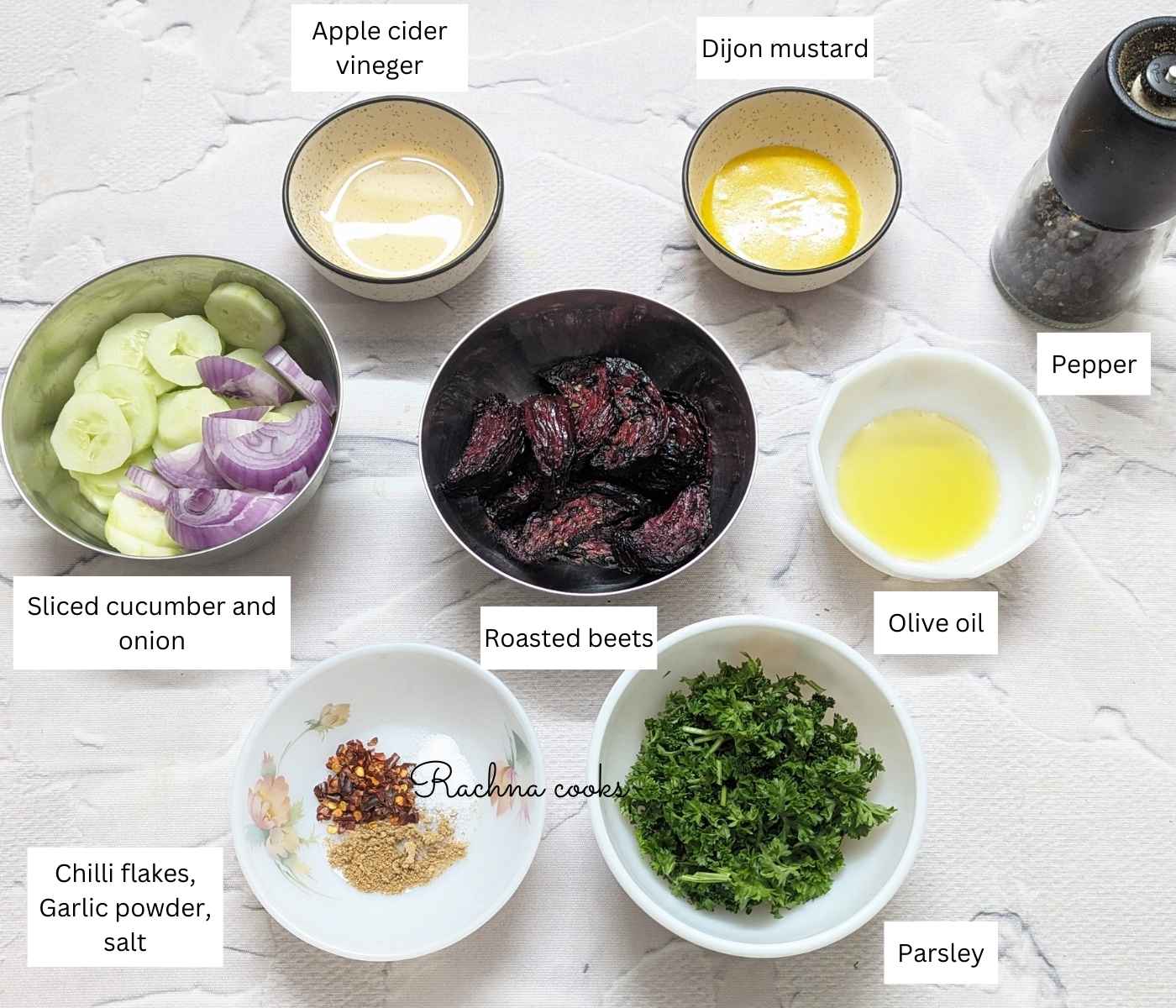 Ingredients for making cucumber beet salad