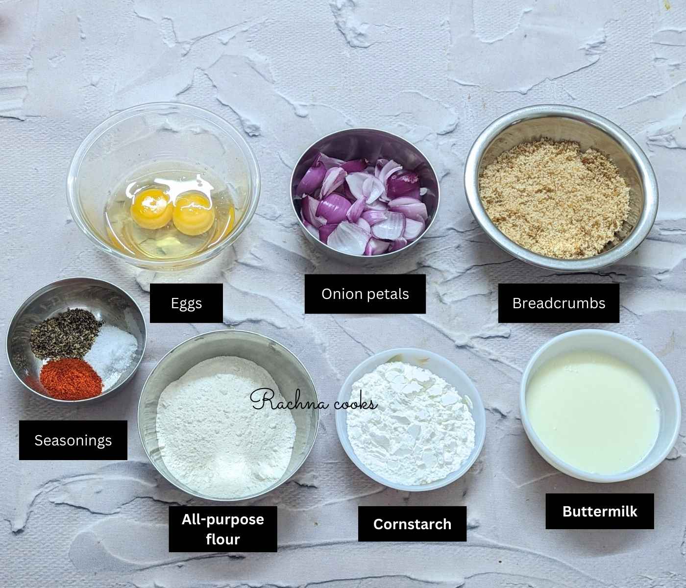 Ingredients for making crunchy onion petals in air fryer.
