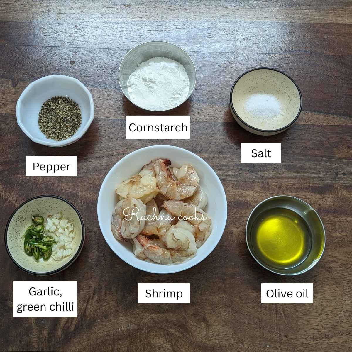 Ingredients for salt and pepper shrimp laid out
