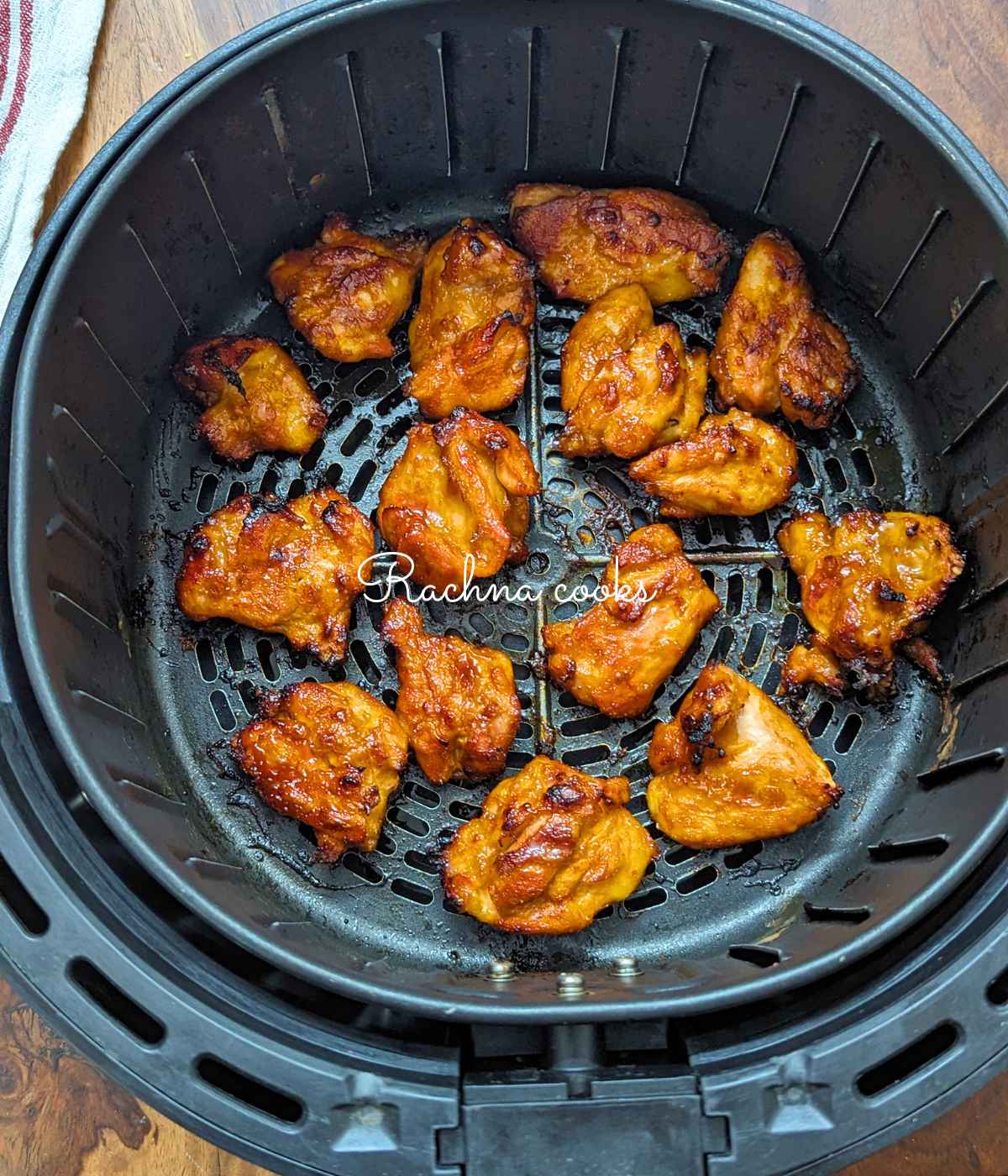 Delicious cooked teriyaki chicken bites done in air fryer.