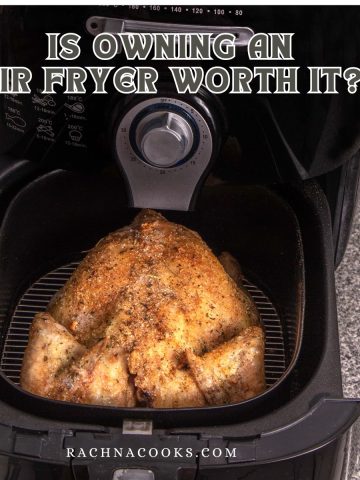 A picture of air fryer with food