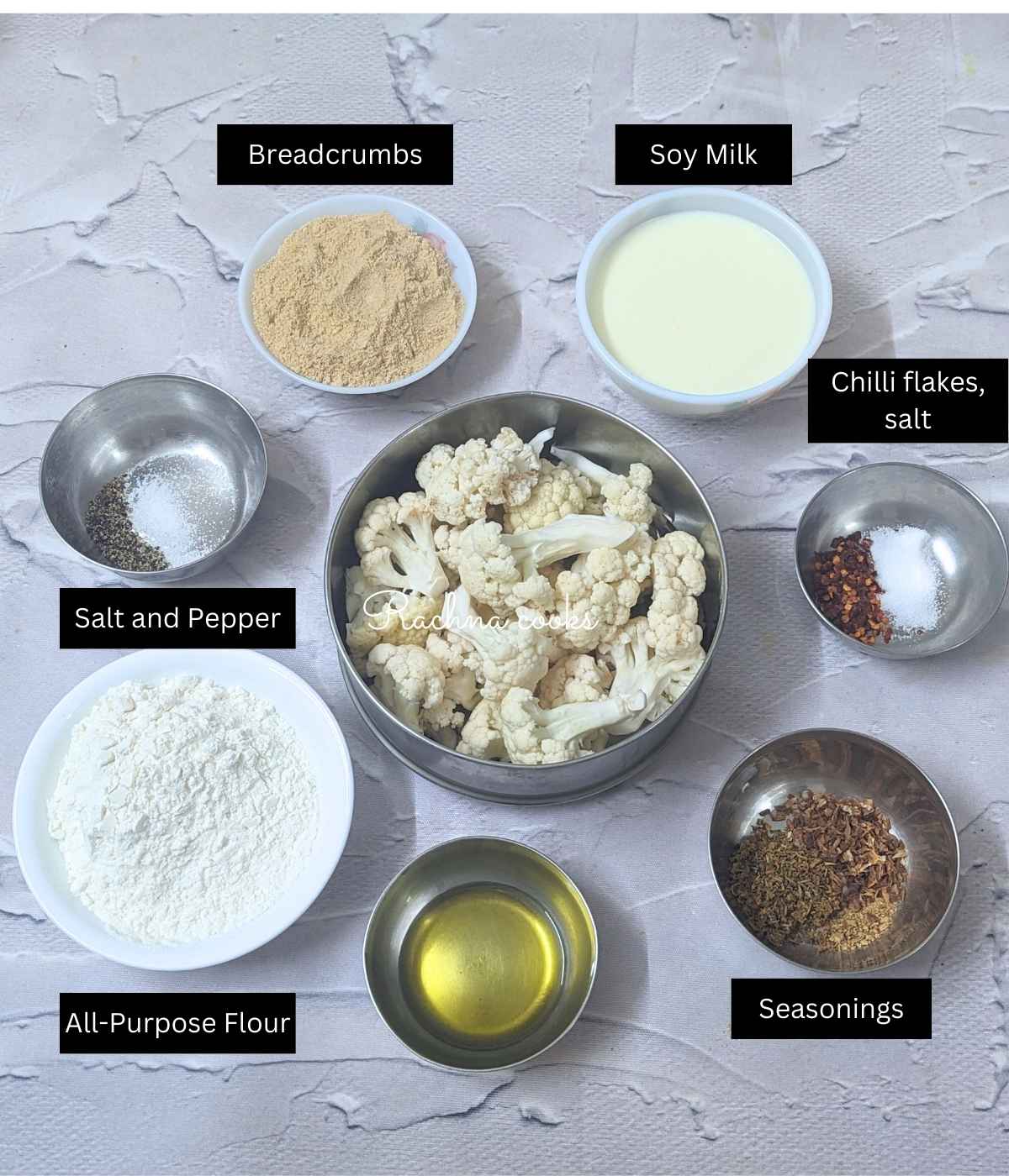 Ingredients for making breaded cauliflower bites in bowls
