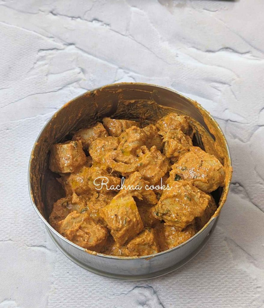Soya chaap marinated in the tandoori marinade