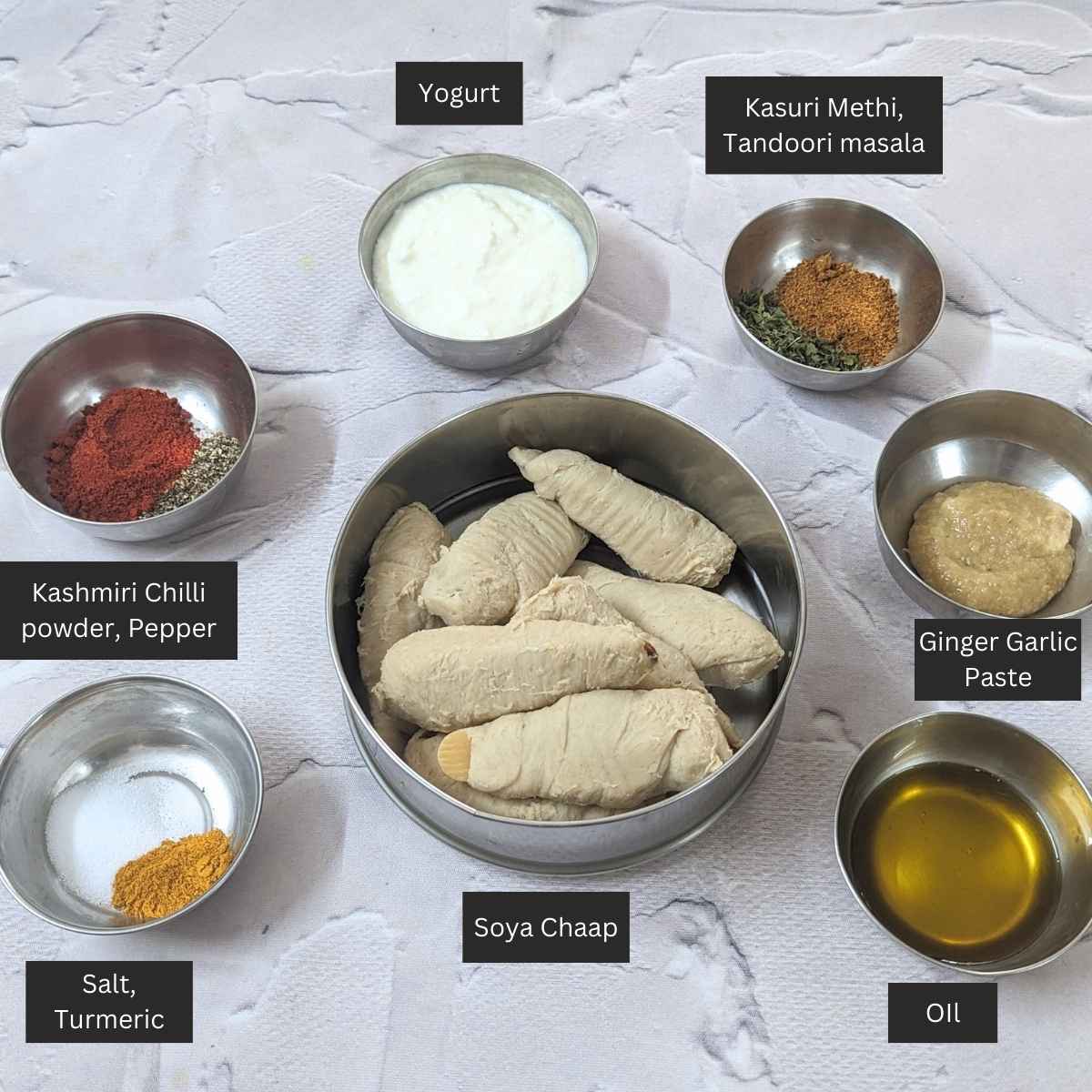 Ingredients for tandoori soya chaap.