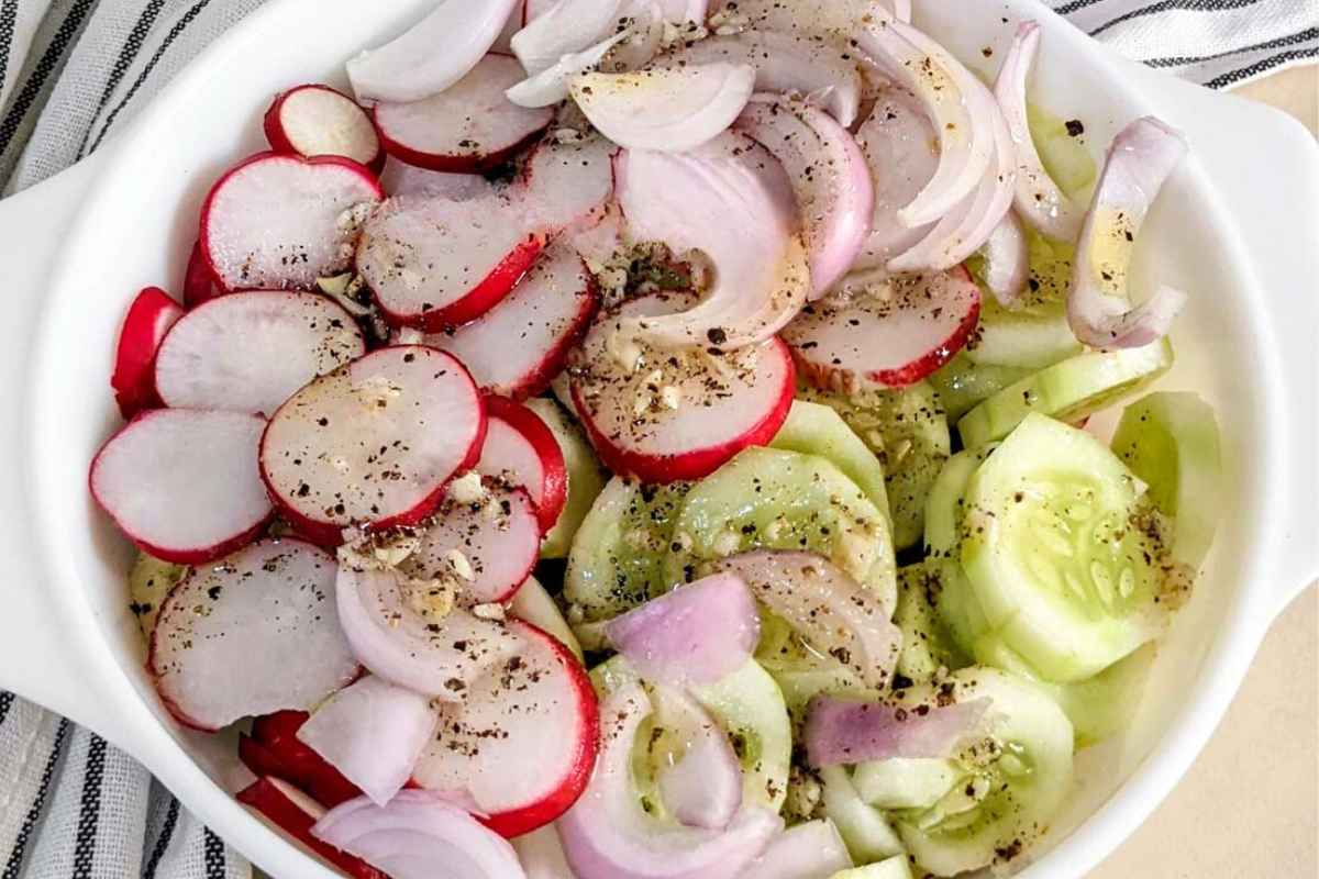 A bowl of radish cucumber salad