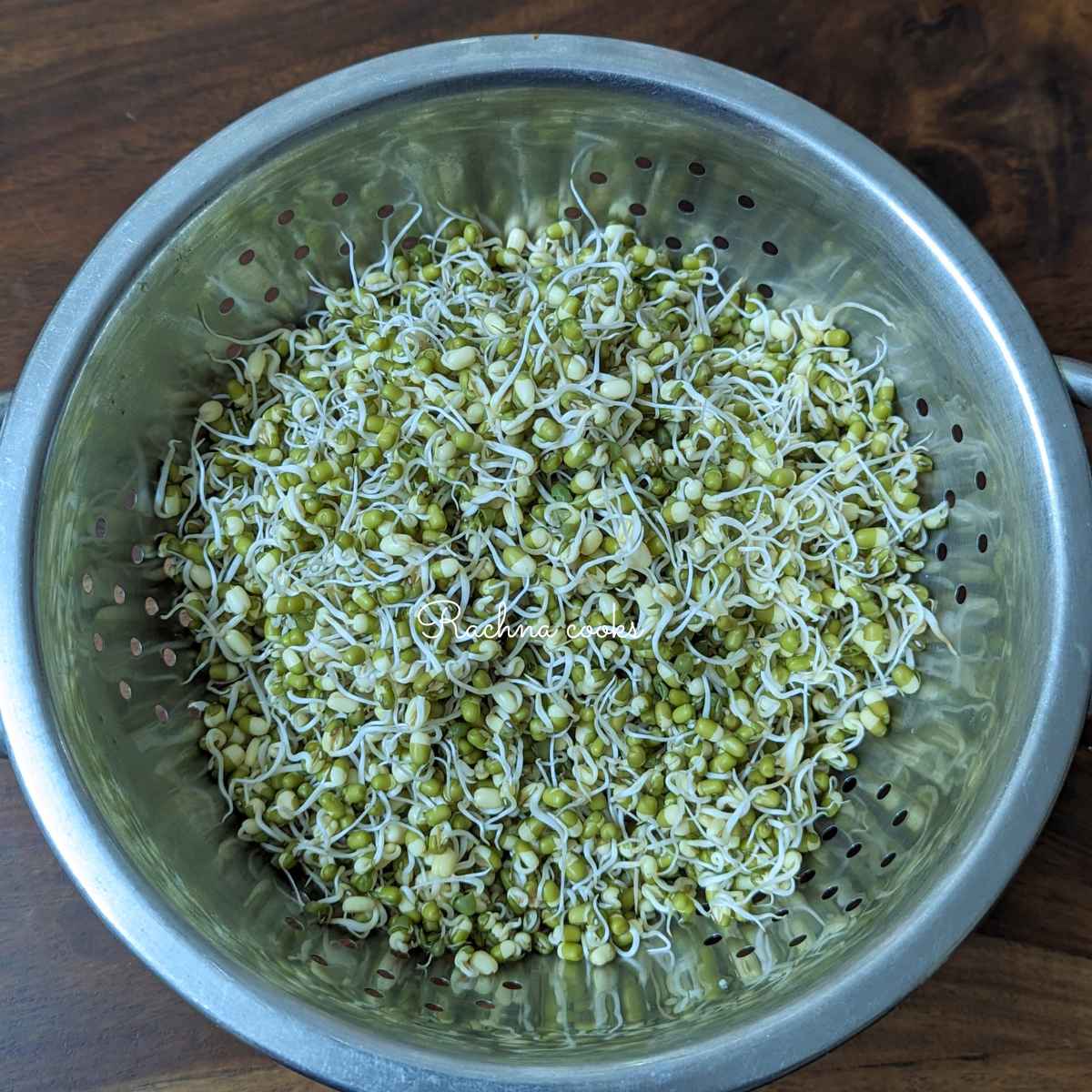Sprouted moong beans in a colander