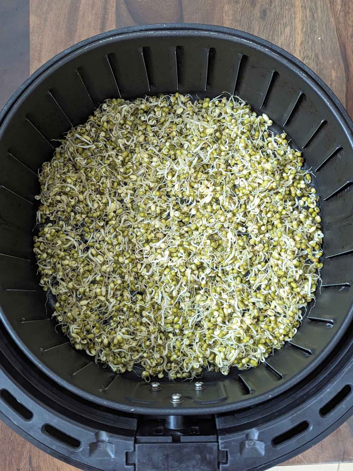 Moong sprouts tossed with oil in air fryer basket