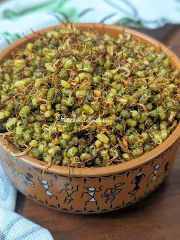 Sprouted moong after air frying in a brown bowl