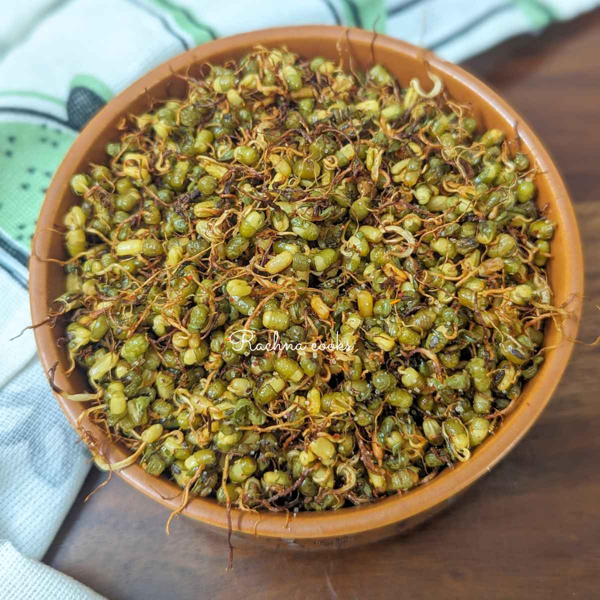 Air fried roasted moong sprouts in a brown bowl
