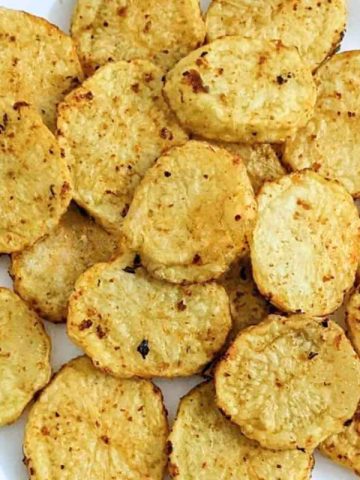 Close up of potato slices on a plate