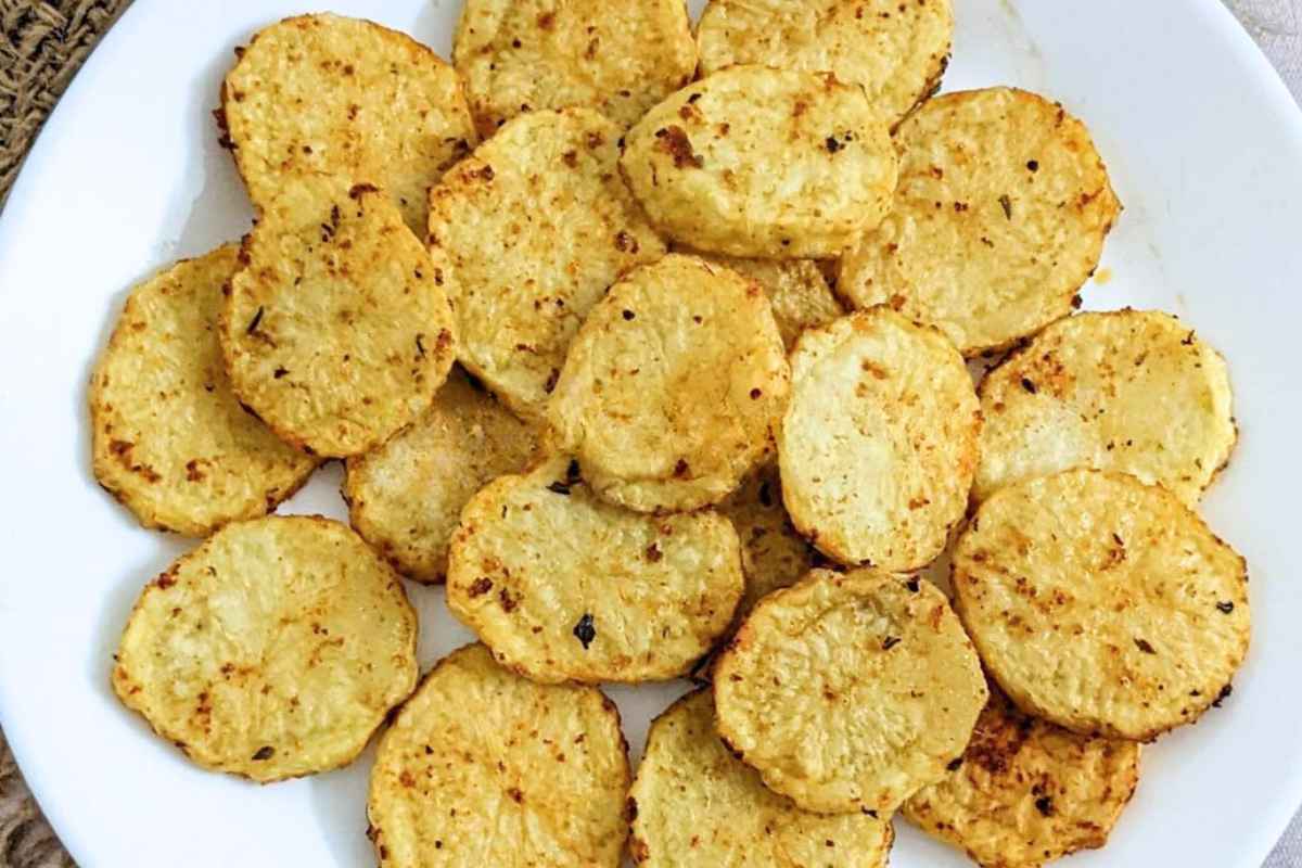 Close up of potato slices on a plate