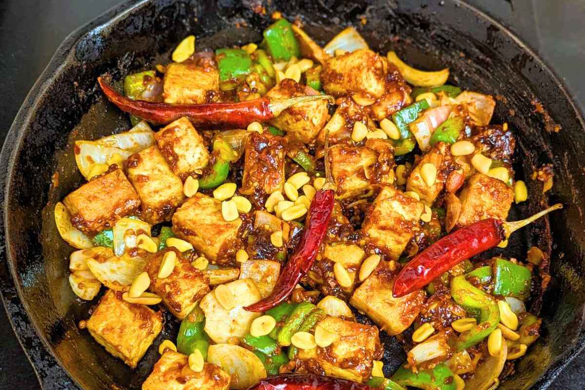 Kung pao tofu in a skillet