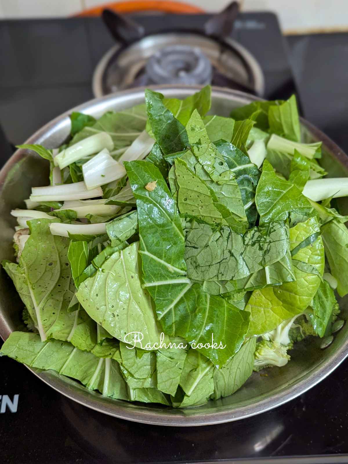 Chopped bok choy in a pan