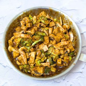 A nice skillet of tofu broccoli and mushroom stir fry