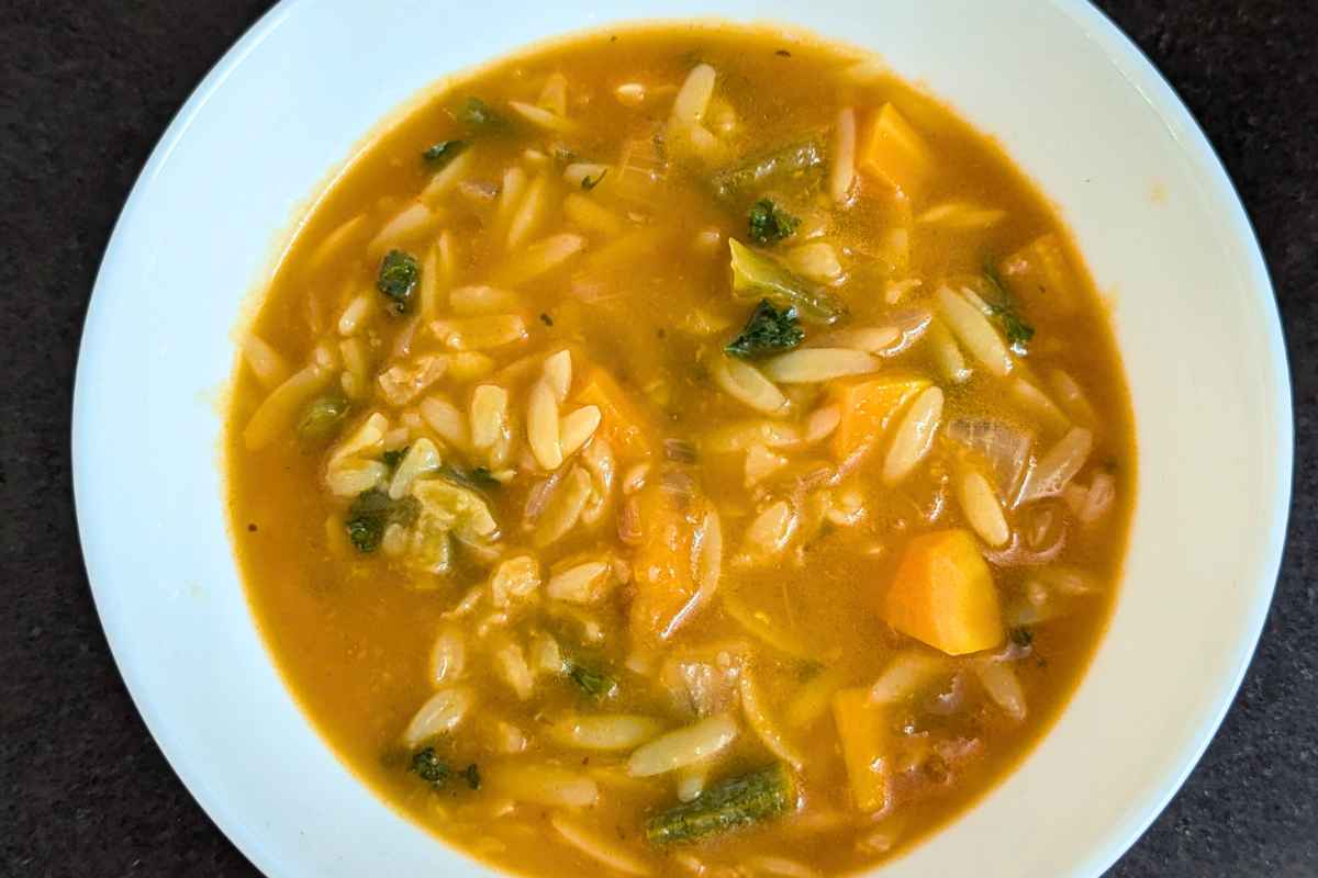 vegetable orzo soup in a bowl