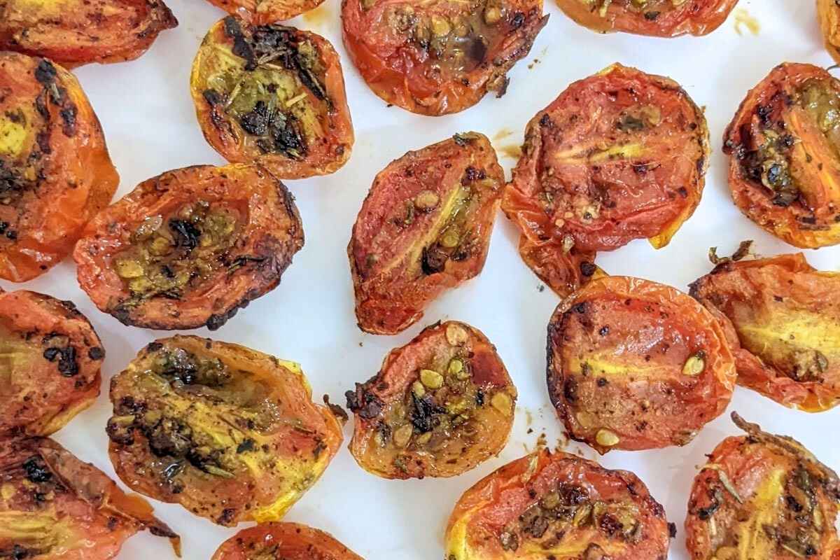 close up of air fryer cherry tomatoes