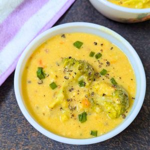 Delicious bowl of broccoli cheddar soup