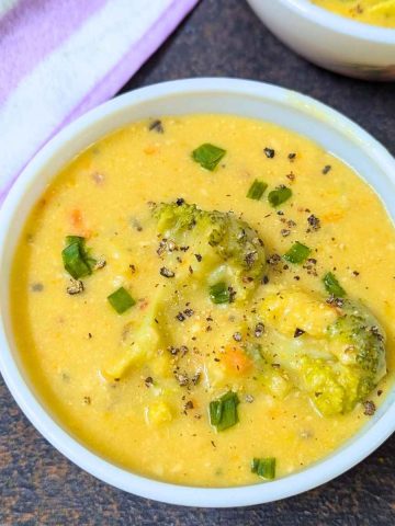 Delicious bowl of broccoli cheddar soup