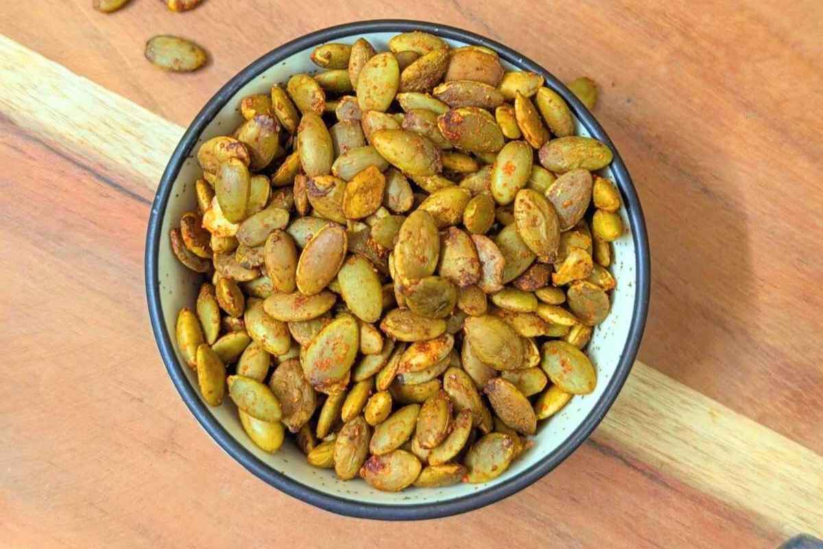 Chili lime pumpkin seeds in a bowl