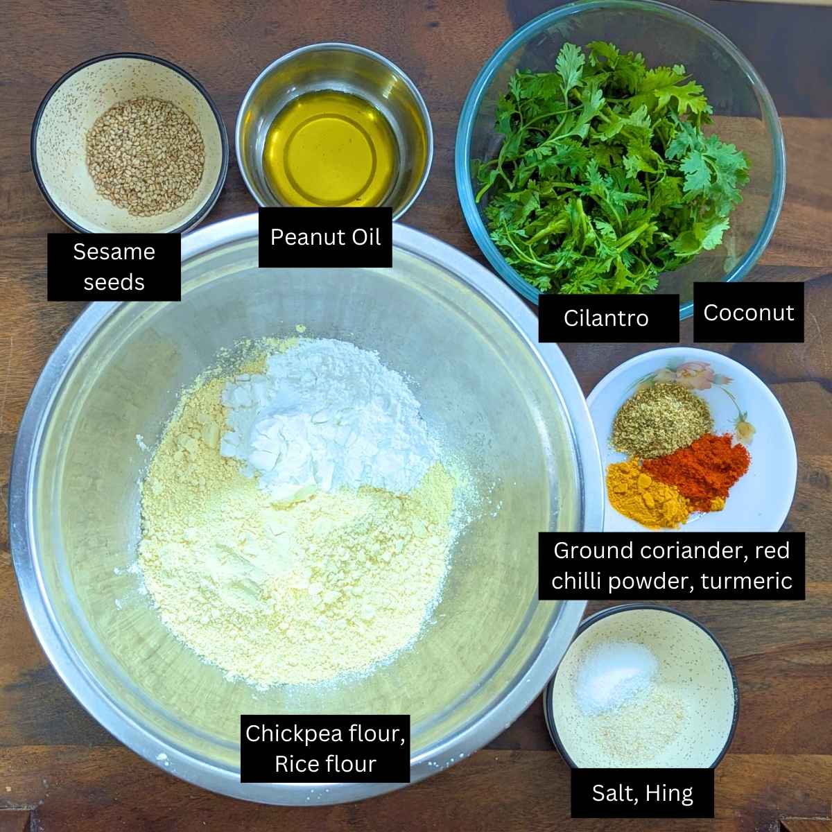 Ingredients for making kothimbir vadi.