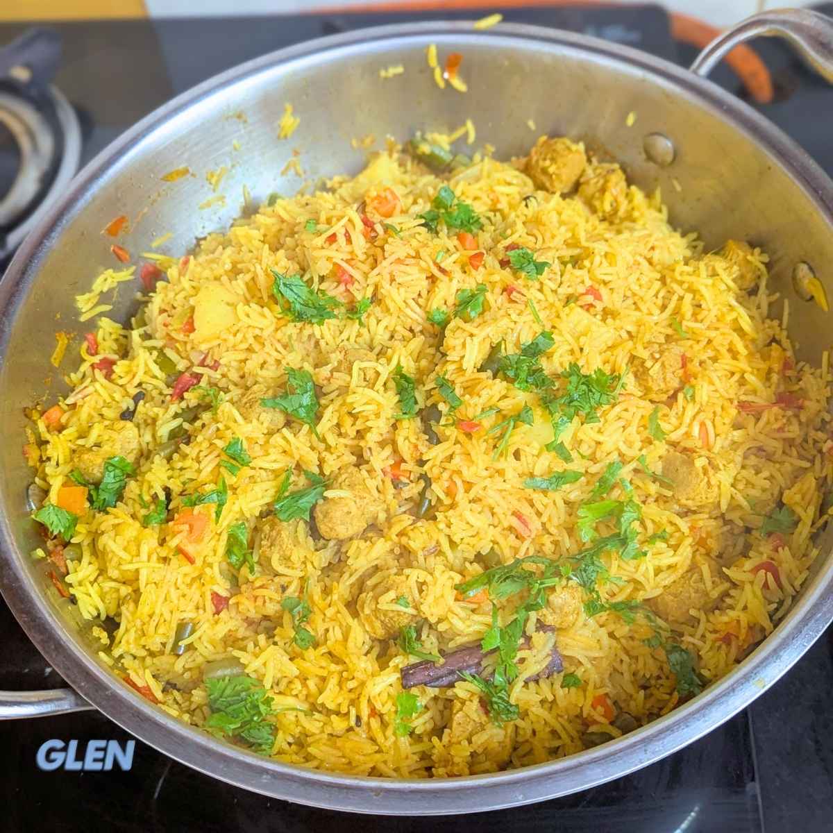 Soya chunks pulao is cooked. Chopped cilantro added.
