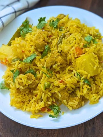 Soya chunks pulao on a plate