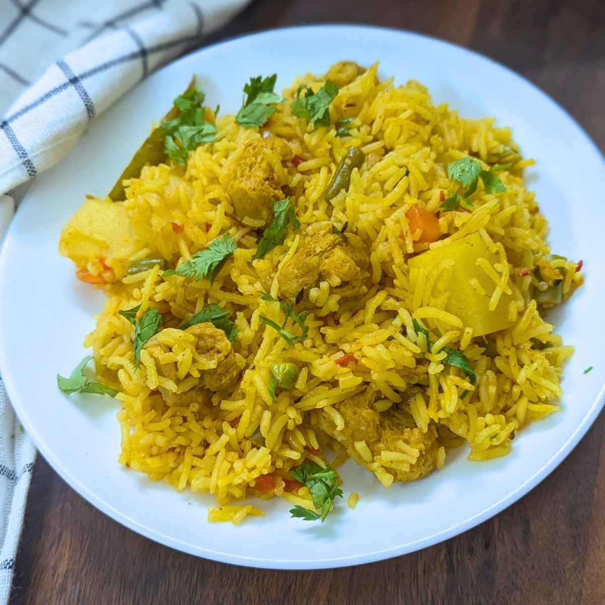 Soya chunks pulao on a plate