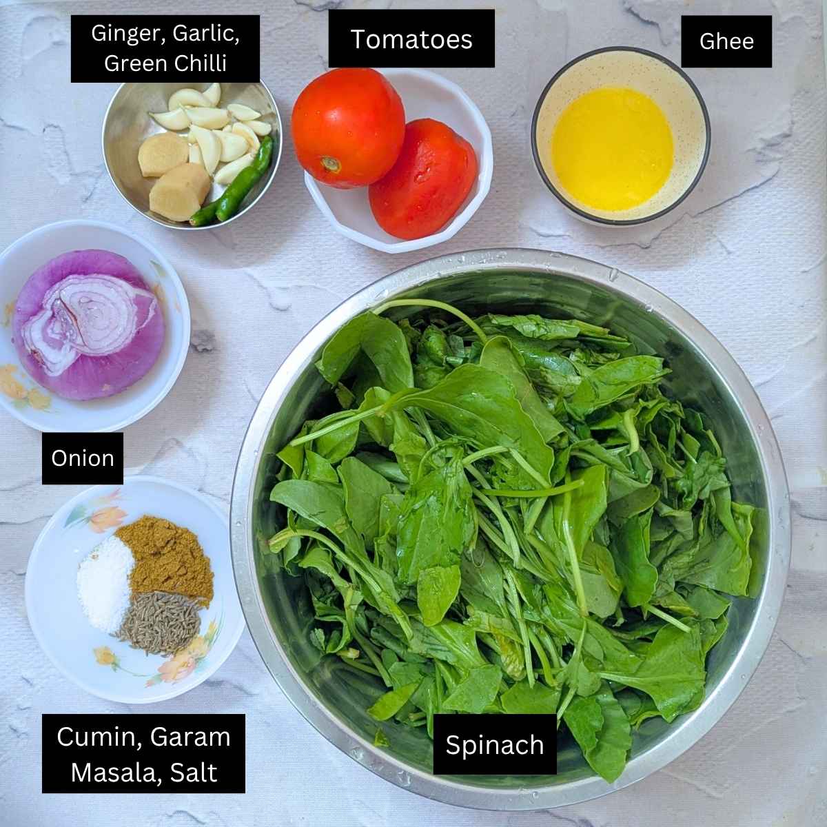 Ingredients to make palak paneer curry