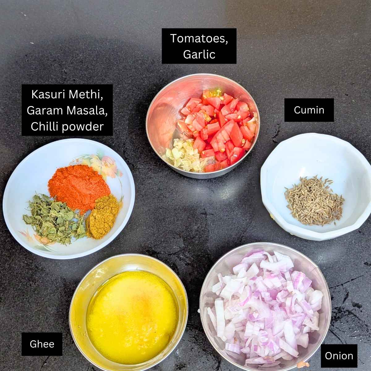 Ingredients for tempering or tadka of maa ki dal.
