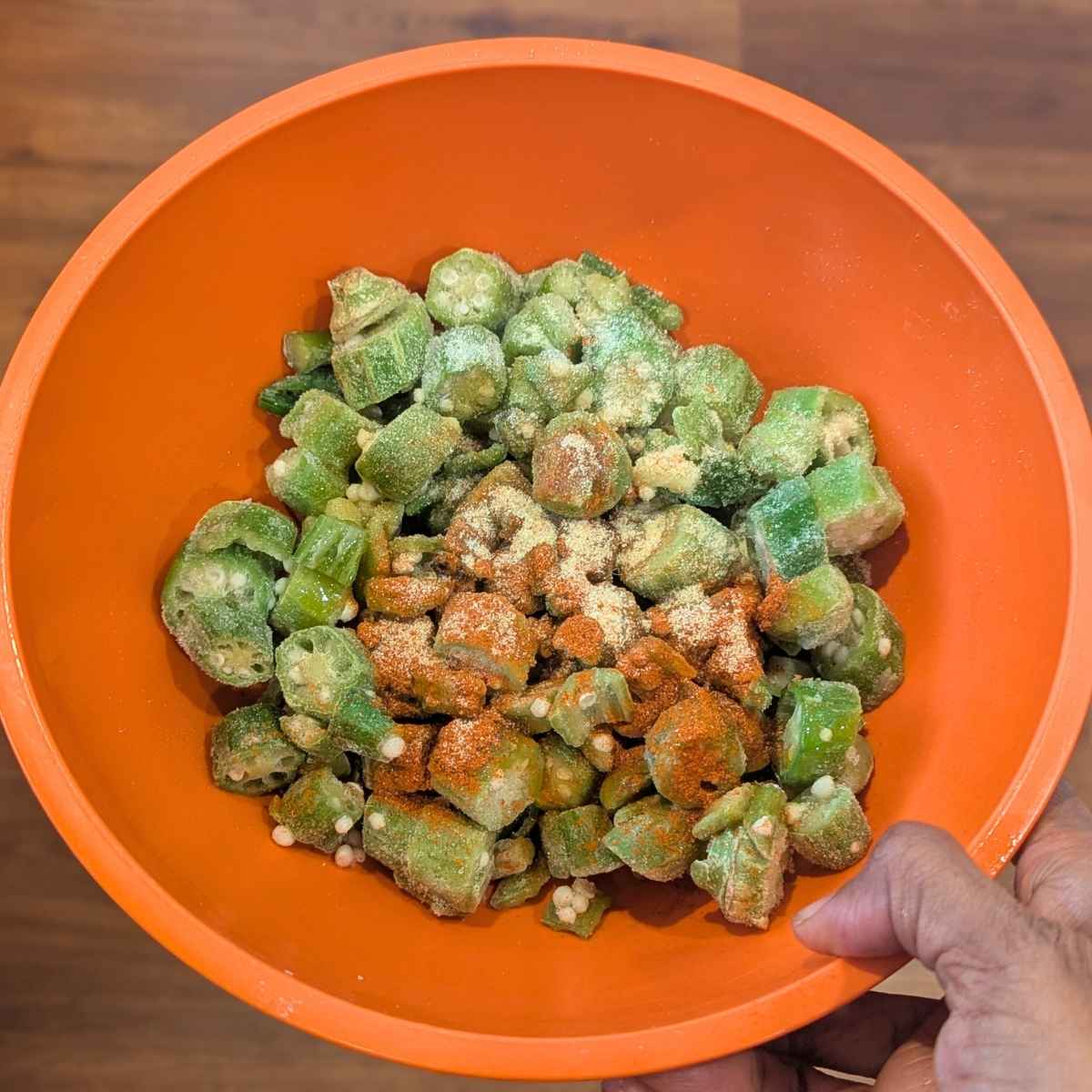 Frozen okra tossed with seasonings and oil.