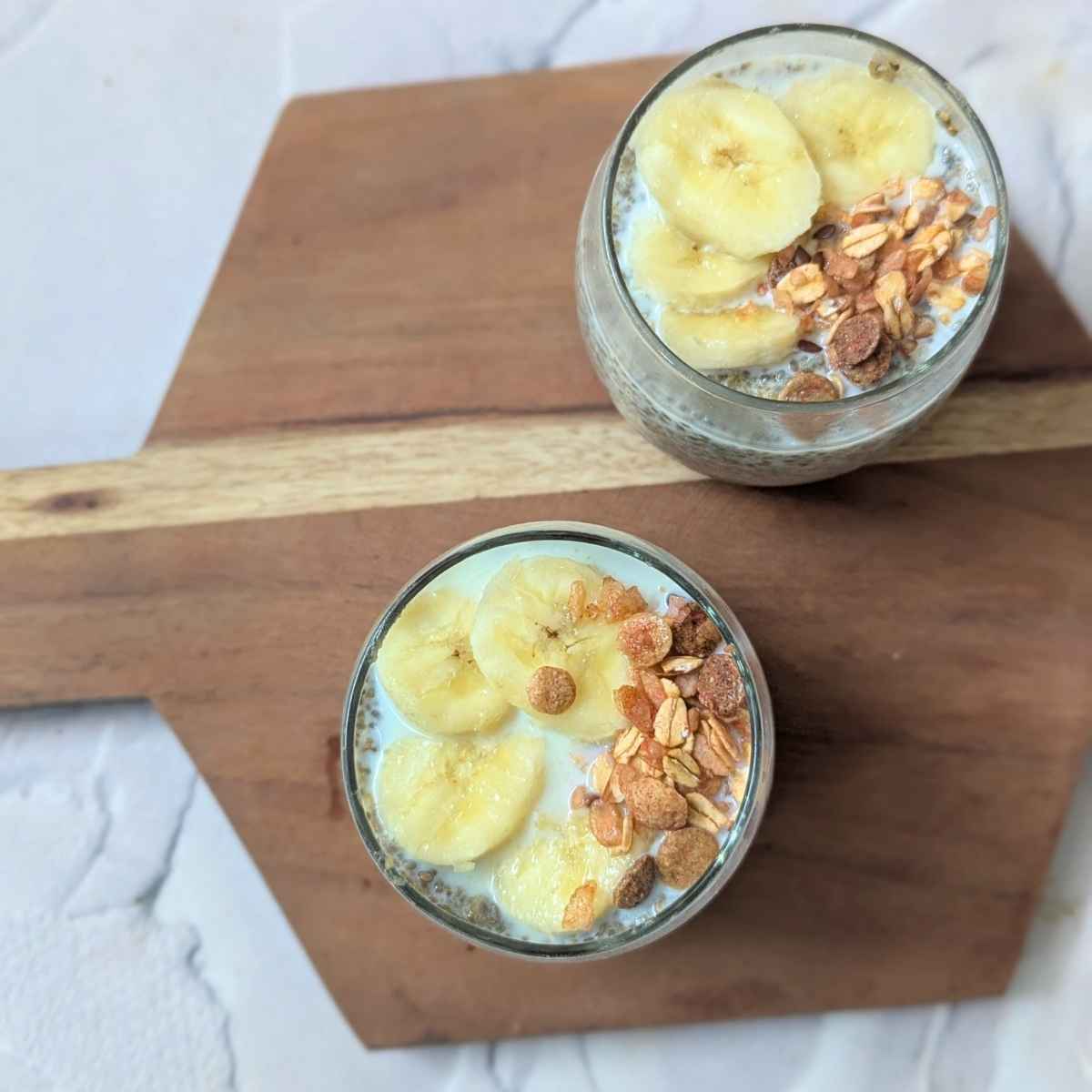 Top view of chia seed pudding in two glasses