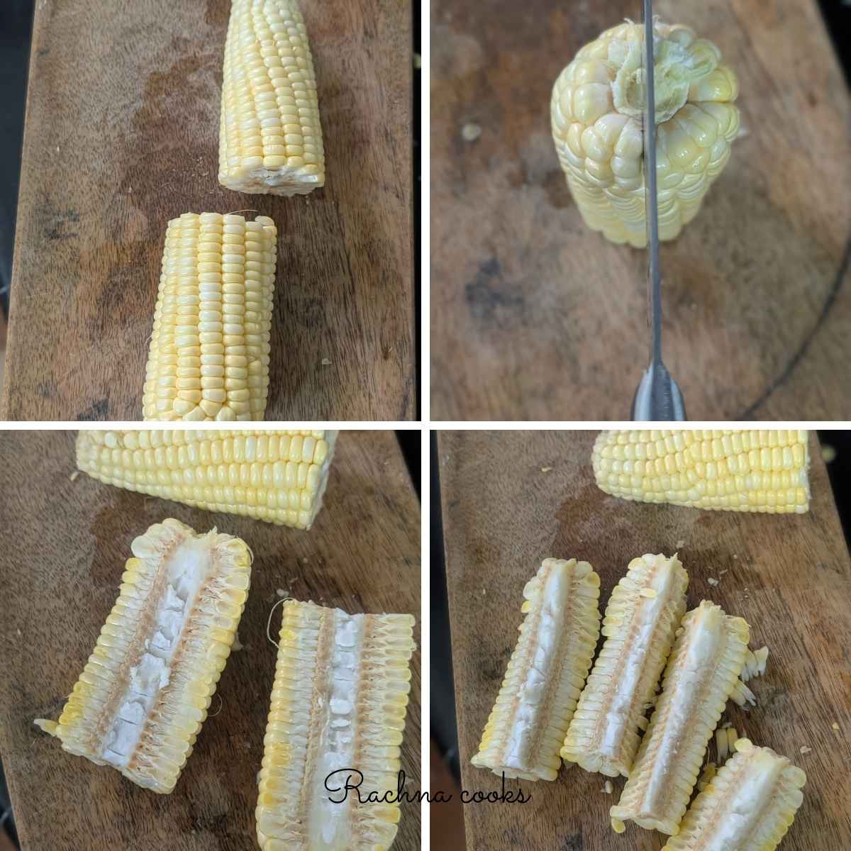 A collage of four images showing how to safely cut corn on the cob into ribs